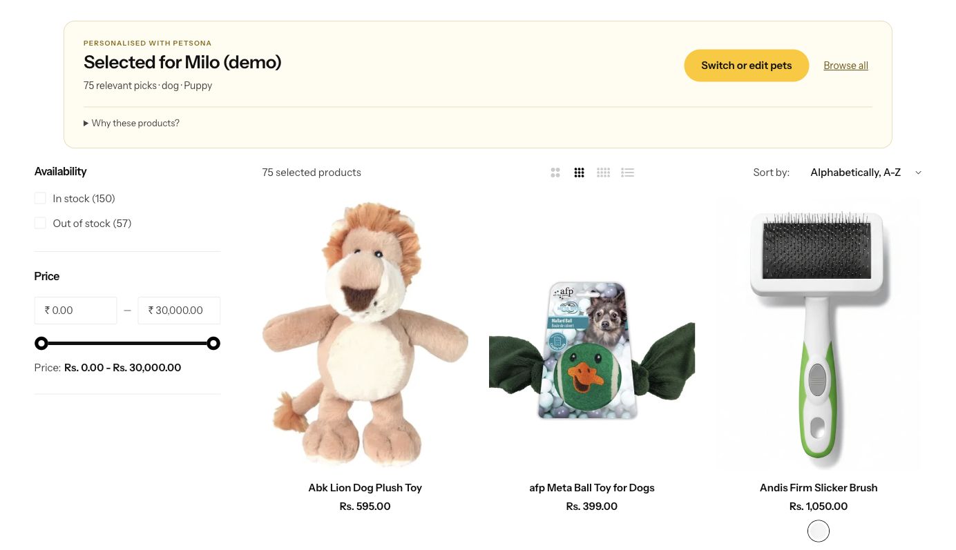 Petsona demonstration showing 75 relevant picks selected for Milo with native Shopify filters and product cards